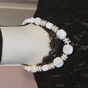 Vintage White Plastic and Gold Tone Beaded Choker Necklace